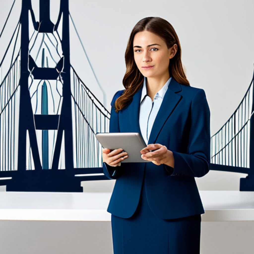 A professional female linguist, elegantly dressed in a modest business suit, stands poised between two abstract, subtly distinct cultural motifs, symbolizing a bridge between worlds. She holds a stylus and tablet, indicating thoughtful work. The overall atmosphere is sophisticated and intelligent, with professional lighting and sharp focus.
    fully clothed, modest clothing, appropriate attire, professional dress, safe for work, appropriate content, professional, perfect anatomy, correct proportions, natural pose, well-formed hands, proper finger count, natural body proportions, high-quality photography, detailed, crisp.