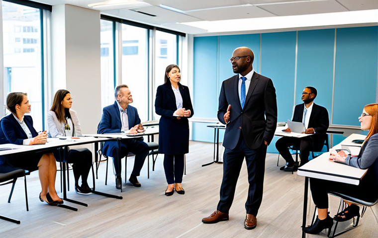 **

A diverse group of translators and interpreters attending a professional development workshop. The setting is a bright, modern conference room. Attendees are fully clothed in business casual attire, actively participating in a session led by an experienced speaker. Focus on engaged expressions and a collaborative atmosphere. Safe for work, appropriate content, fully clothed, professional, perfect anatomy, correct proportions, natural pose, high quality.

**