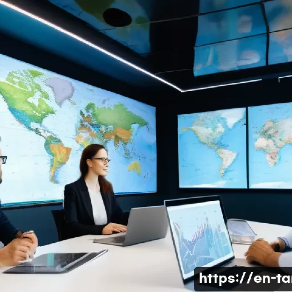 통번역사 통역 프로젝트 관리 - **Prompt:** A dynamic, wide-angle shot in a brightly lit, modern office with large screens displayin...