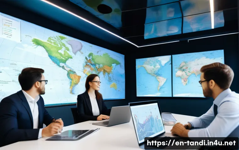 통번역사 통역 프로젝트 관리 - **Prompt:** A dynamic, wide-angle shot in a brightly lit, modern office with large screens displayin...