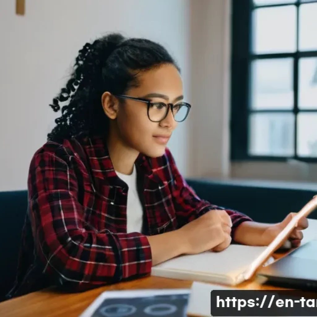 통번역사 자격 시험 준비 - A focused young adult woman sitting at a modern desk in a cozy, well-lit study room filled with book...