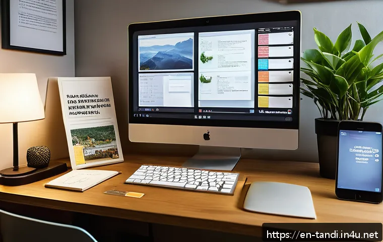 통번역사 번역 스킬 향상 팁 - A professional translator’s cozy home office scene showing a large monitor displaying a CAT tool int...